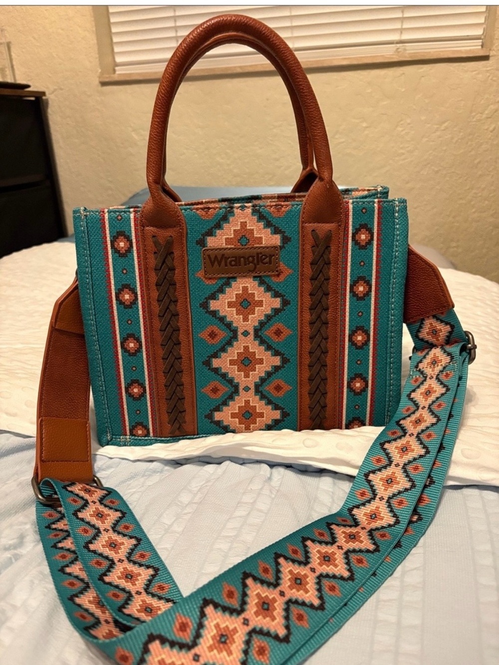 Wrangler Turquoise & Brown Southwestern Satchel with Patterned Strap